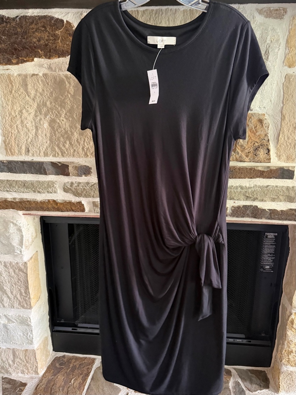 LOFT Black Short-Sleeve Midi Dress with Side Knot, Size L